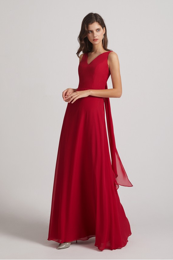 V-Neck Tie Back A-line Chiffon Long Bridesmaid Dresses Canada