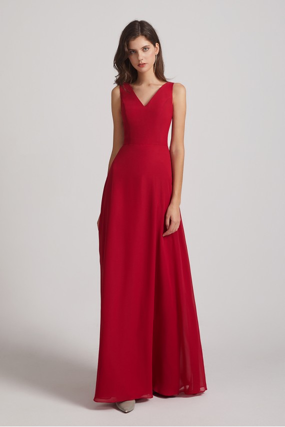 V-Neck Tie Back A-line Chiffon Long Bridesmaid Dresses Canada