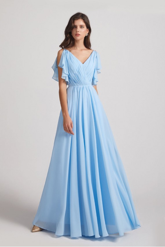 Crinkle Chiffon Bridesmaid Dresses with Open Flutter Sleeves Canada