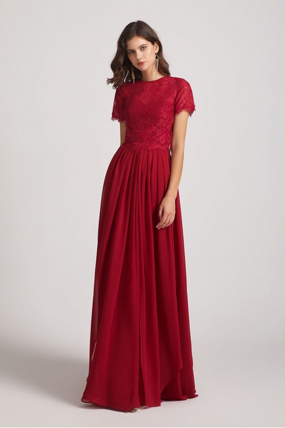 Jewel Lace Top Short Sleeve Long Chiffon Bridesmaid Dresses Canada