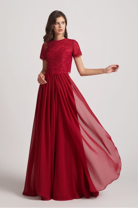 Jewel Lace Top Short Sleeve Long Chiffon Bridesmaid Dresses Canada