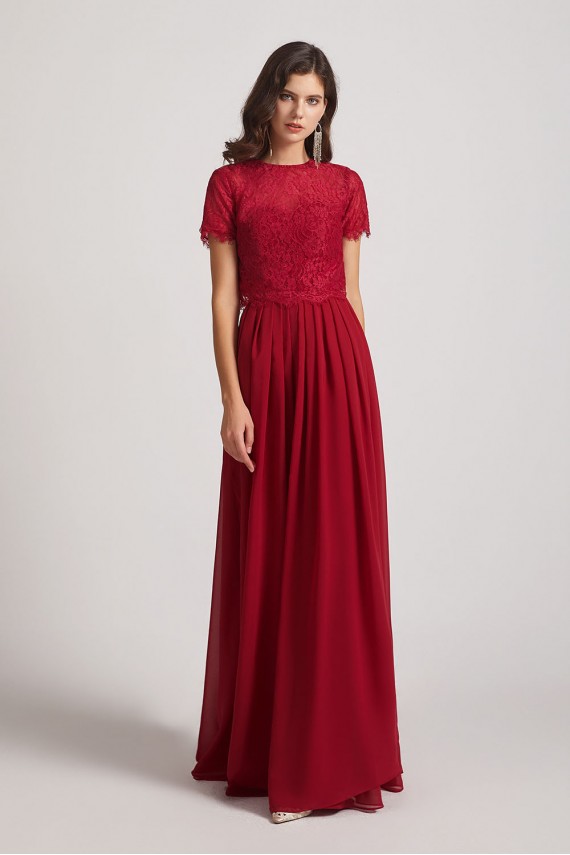 Jewel Lace Top Short Sleeve Long Chiffon Bridesmaid Dresses Canada