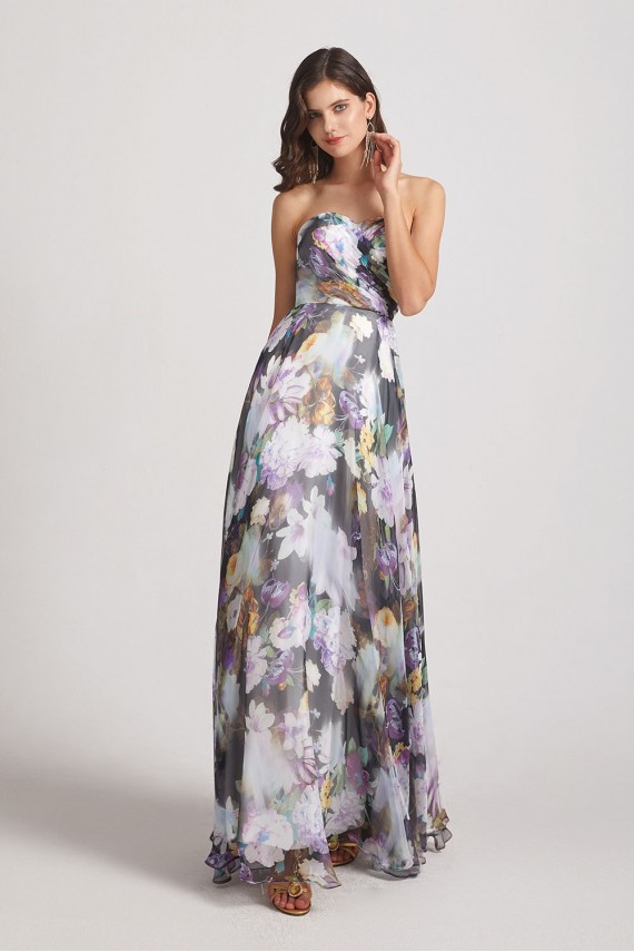 Strapless Cross-Ruched Bodice Patterned Floral Bridesmaid Dresses Canada