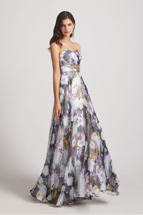 Strapless Cross-Ruched Bodice Patterned Floral Bridesmaid Dresses Canada