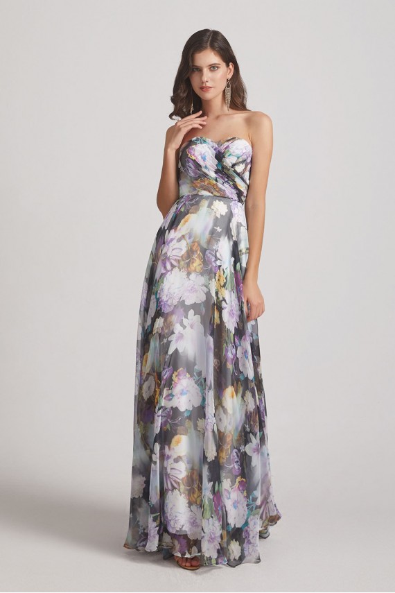 Strapless Cross-Ruched Bodice Patterned Floral Bridesmaid Dresses Canada