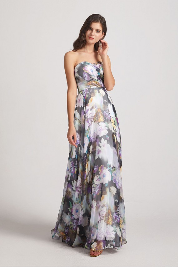 Strapless Cross-Ruched Bodice Patterned Floral Bridesmaid Dresses Canada