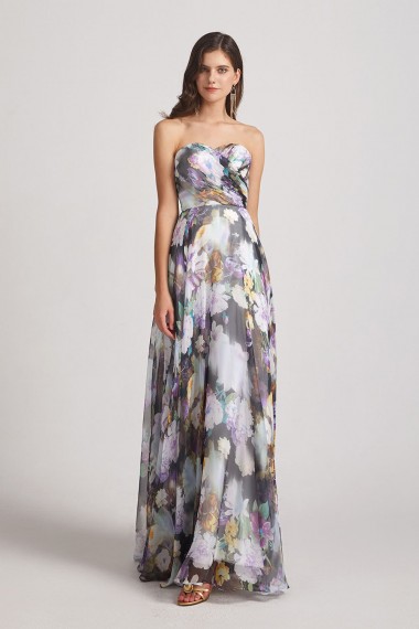 Strapless Cross-Ruched Bodice Patterned Floral Bridesmaid Dresses Canada