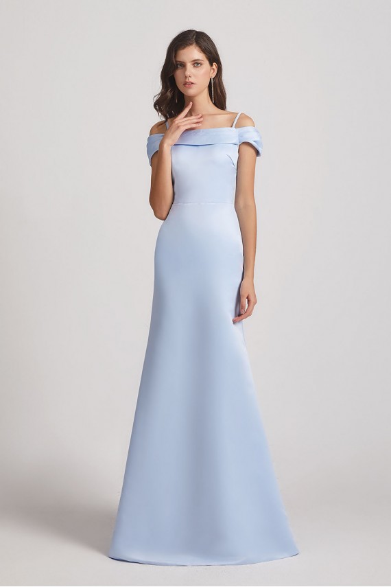 Cold Shoulder Blue Satin Long Trumpet Bridesmaid Dresses Canada