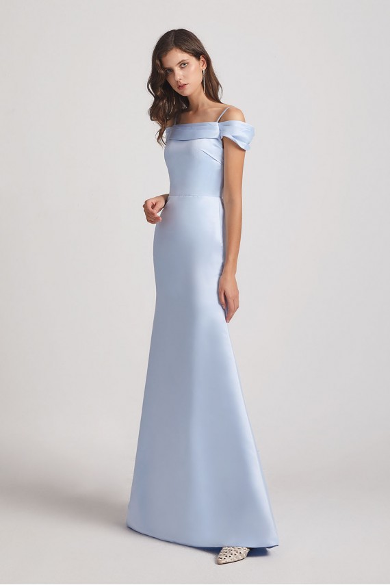 Cold Shoulder Blue Satin Long Trumpet Bridesmaid Dresses Canada