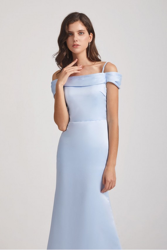 Cold Shoulder Blue Satin Long Trumpet Bridesmaid Dresses Canada