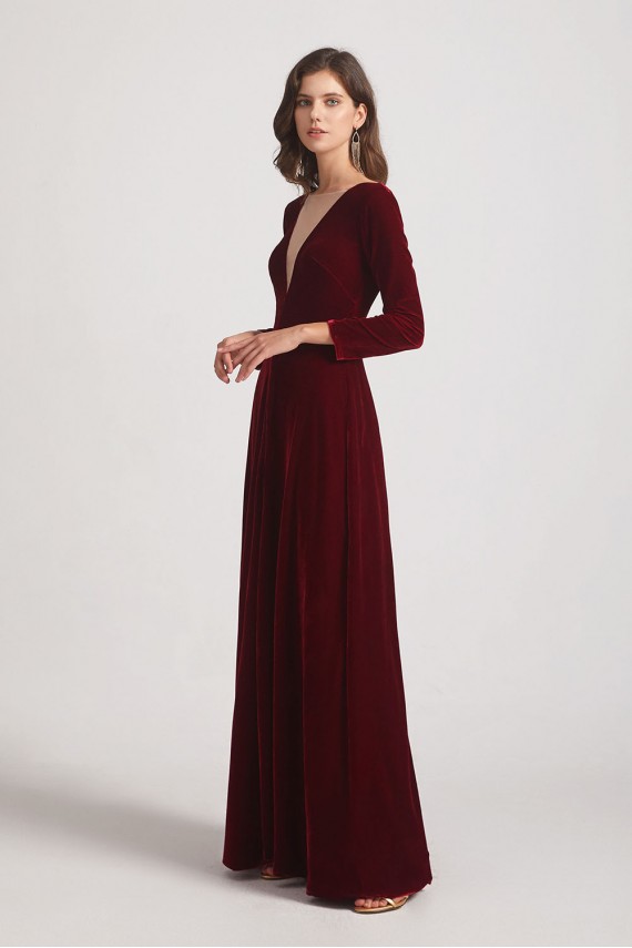 Sexy Long Sleeve Velvet Bridesmaid Dresses with Illusion Deep V-Neck Canada