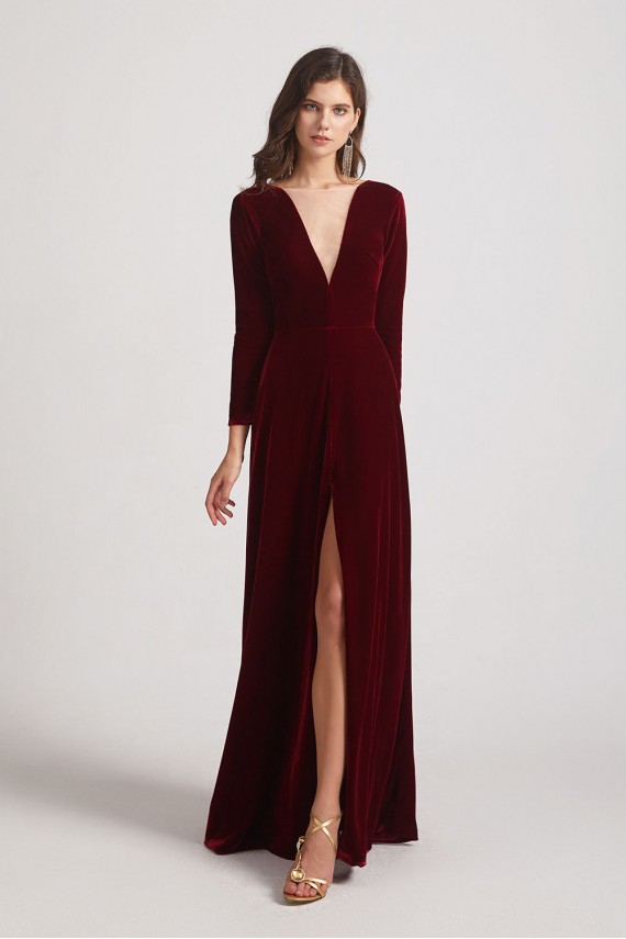 Sexy Long Sleeve Velvet Bridesmaid Dresses with Illusion Deep V-Neck Canada