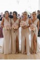 Sexy Long Chiffon Champagne Bridesmaid Dresses with High Slit and Front Ruffles Canada