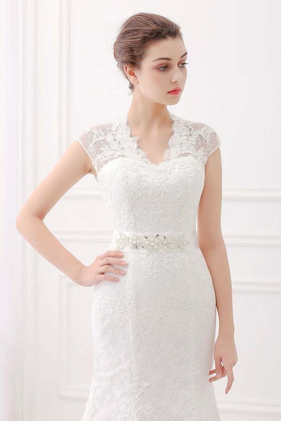 Ivory V-Neck Cap Sleeves Belt Mermaid Vintage Lace Wedding Dresses Canada