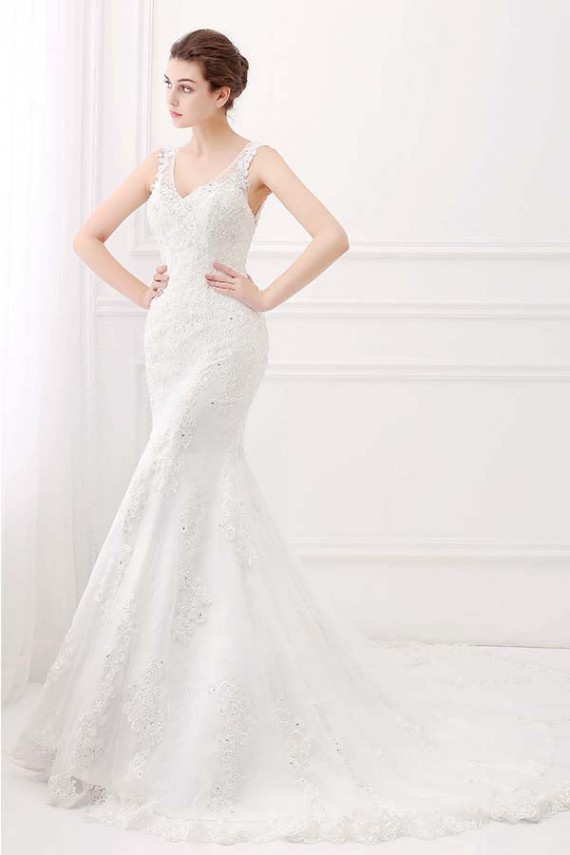 Ivory Wide Straps Mermaid V-neck Lace Wedding Dresses Canada