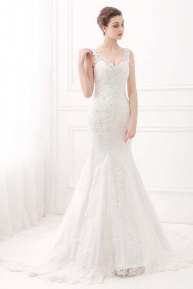Ivory Wide Straps Mermaid V-neck Lace Wedding Dresses Canada