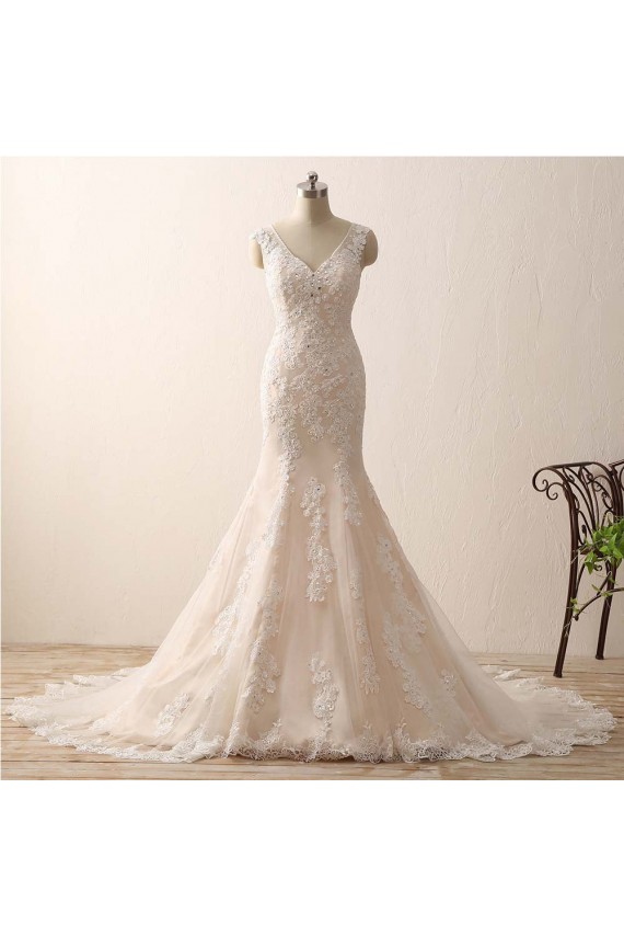 Sleeveless V-neck Mermaid Ivory Lace Over Champagne Wedding Dresses with Sweep Train Canada