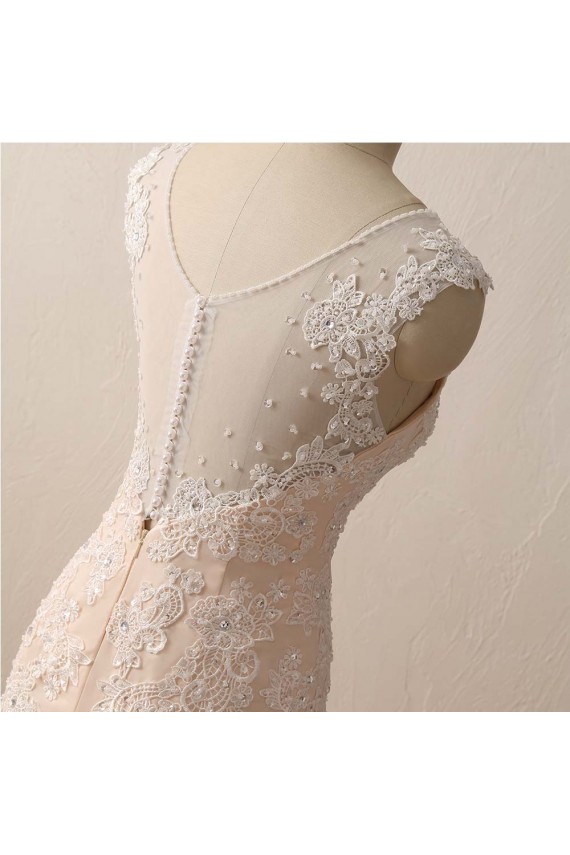 Sleeveless V-neck Mermaid Ivory Lace Over Champagne Wedding Dresses with Sweep Train Canada