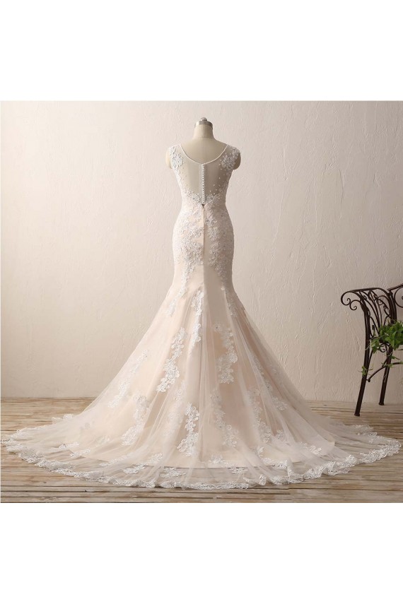 Sleeveless V-neck Mermaid Ivory Lace Over Champagne Wedding Dresses with Sweep Train Canada