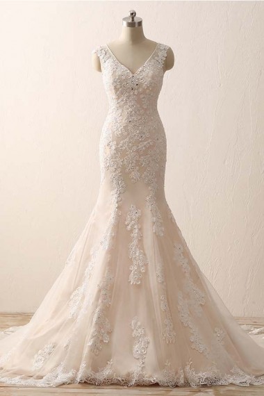 Sleeveless V-neck Mermaid Ivory Lace Over Champagne Wedding Dresses with Sweep Train Canada