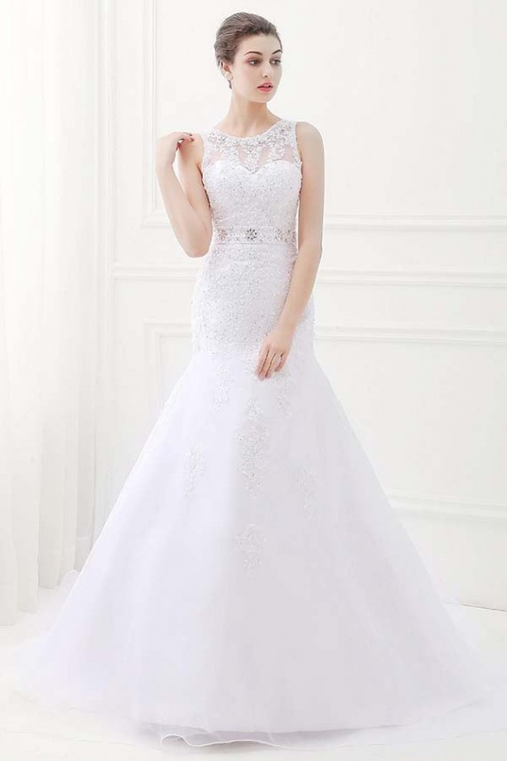 White Jewel Sleeveless Mermaid Lace Wedding Dresses With Belt Canada