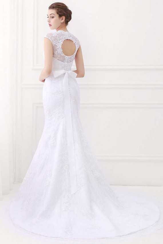 White Mermaid Lace V-Neck Cap Sleeves Wedding Dresses With Belt Canada