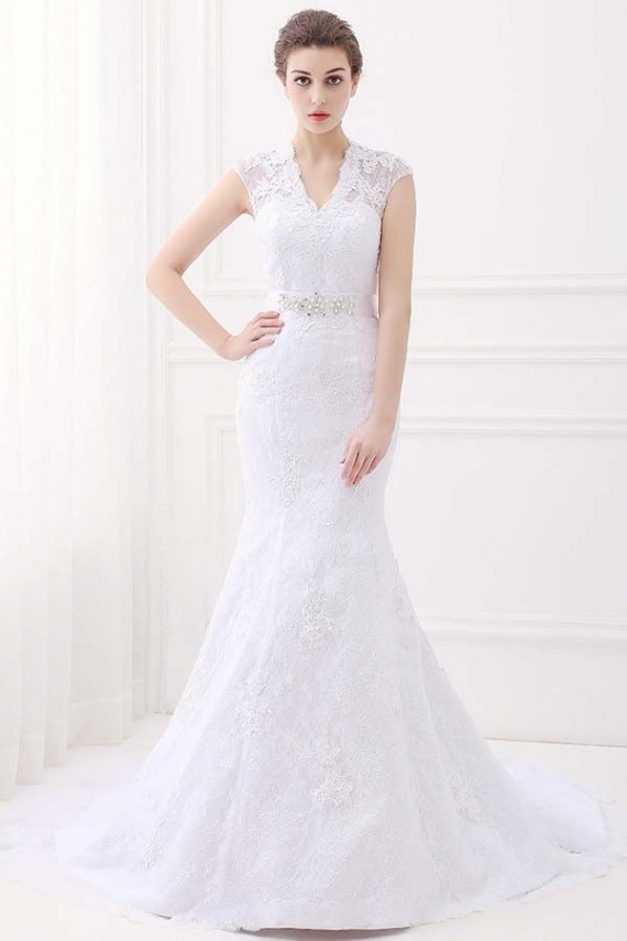 White Mermaid Lace V-Neck Cap Sleeves Wedding Dresses With Belt Canada