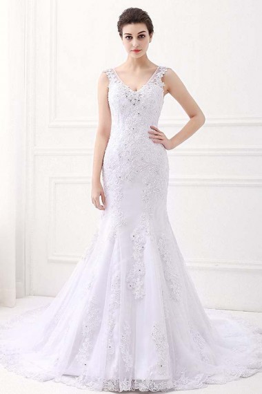 White V-Neck Sleeveless Mermaid Lace Beaded Rhinestones Wedding Dresses Canada