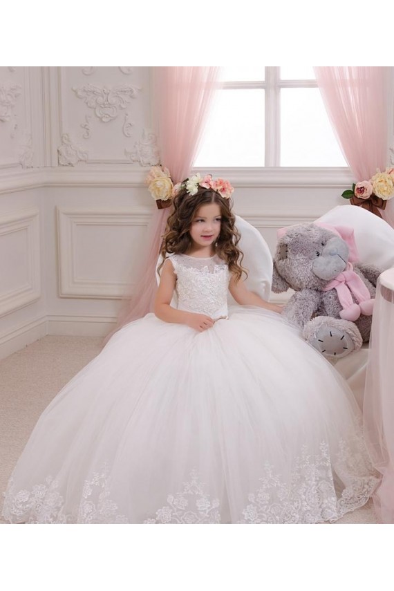 Ivory Ball Gown Bateau Neck Chapel Train Sleeveless Flower Girl Dress Canada