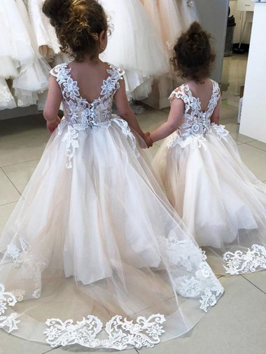 Ivory Ball Gown Chapel Train Sleeveless V-Back Flower Girl Dress Canada