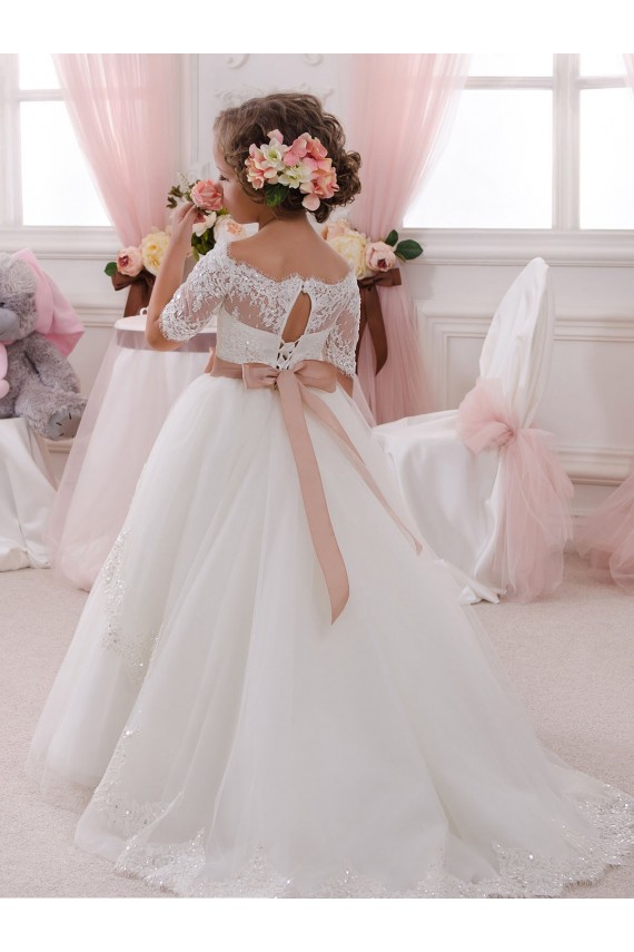 Ivory Ball Gown High Neck Floor Length Short Sleeve Flower Girl Dress Canada