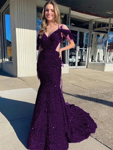 Plum Purple Sheath Cold Shoulder Sleeveless Long Court Train Velvet Sequin Prom Dress Canada