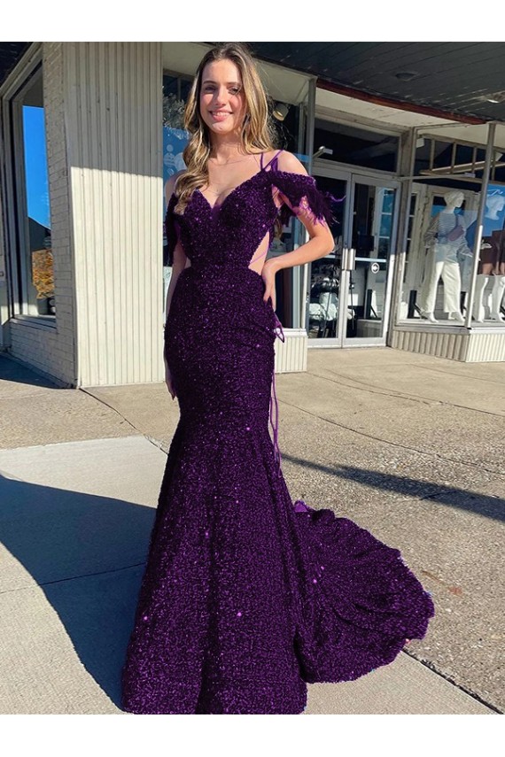 Plum Purple Sheath Cold Shoulder Sleeveless Long Court Train Velvet Sequin Prom Dress Canada