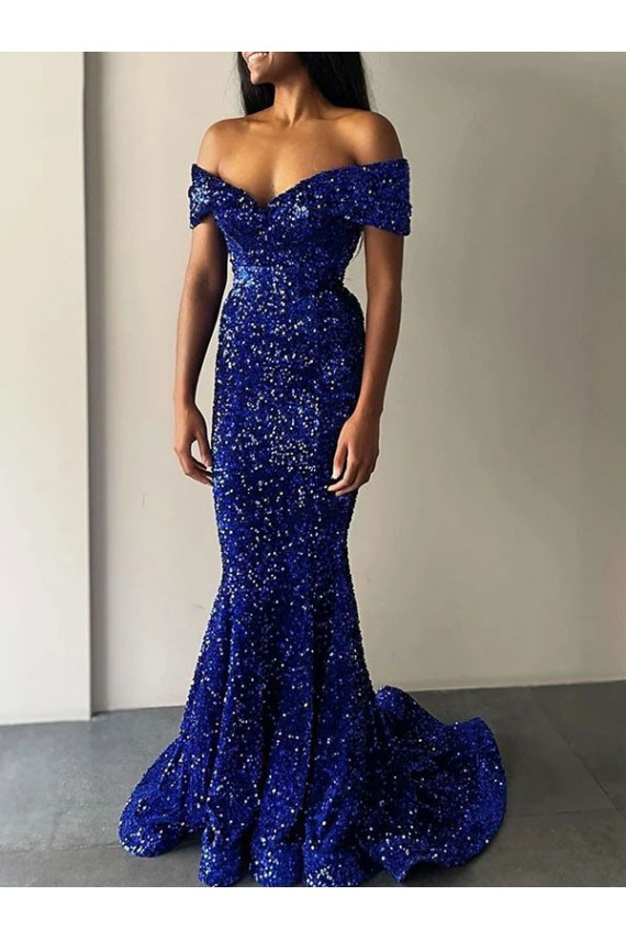 Royal Blue Mermaid Off the Shoulder Sleeveless Long Sweep Train Velvet Sequin Prom Dress Canada