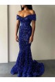 Royal Blue Mermaid Off the Shoulder Sleeveless Long Sweep Train Velvet Sequin Prom Dress Canada
