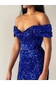 Royal Blue Mermaid Off the Shoulder Sleeveless Long Sweep Train Velvet Sequin Prom Dress Canada