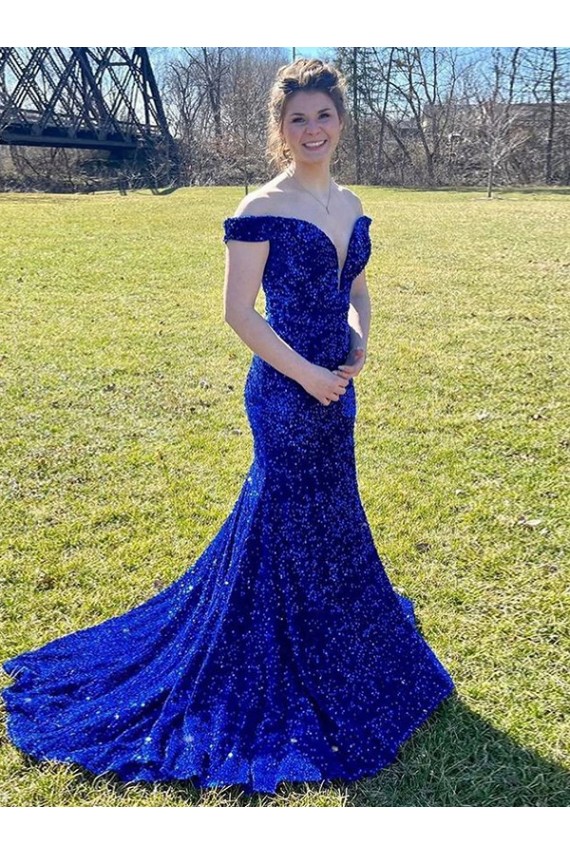 Royal Blue Sheath Off the Shoulder Sleeveless Long Sweep Train Velvet Sequin Prom Dress Canada