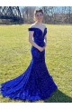 Royal Blue Sheath Off the Shoulder Sleeveless Long Sweep Train Velvet Sequin Prom Dress Canada
