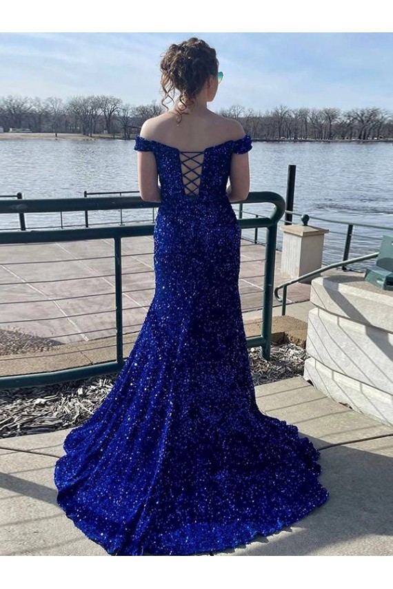 Royal Blue Sheath Off the Shoulder Sleeveless Long Sweep Train Velvet Sequin Prom Dress Canada