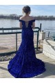 Royal Blue Sheath Off the Shoulder Sleeveless Long Sweep Train Velvet Sequin Prom Dress Canada