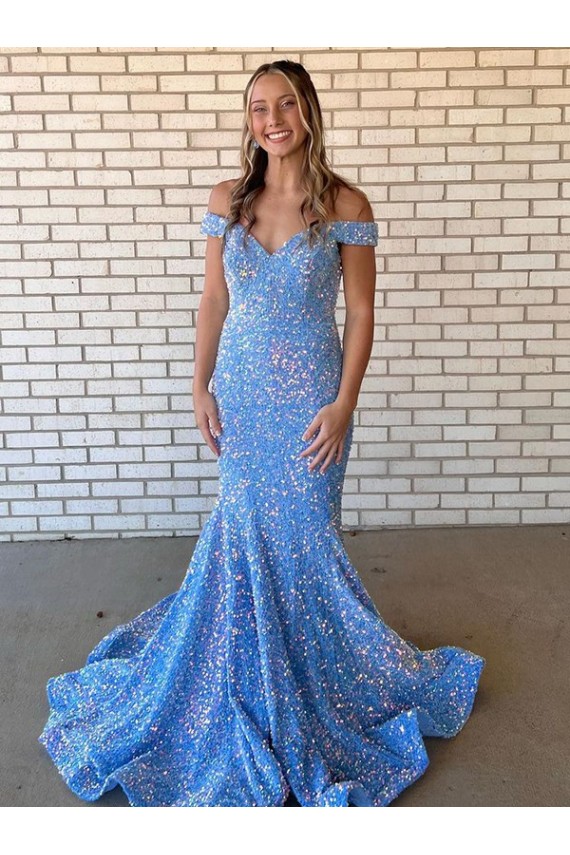 Periwinkle Mermaid Off the Shoulder Sleeveless Long Floor Length Velvet Sequin Prom Dress Canada