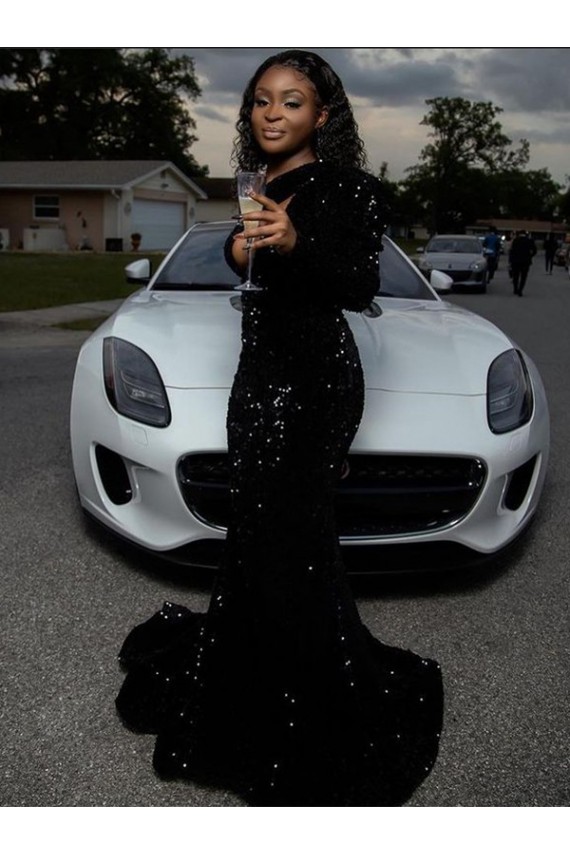 Black Sheath One Shoulder Long Sleeves Long Sweep Train Velvet Sequin Prom Dress Canada
