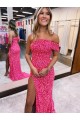 Fuchsia Sheath One Shoulder Sleeveless Long Sweep Train Velvet Sequin Prom Dress Canada