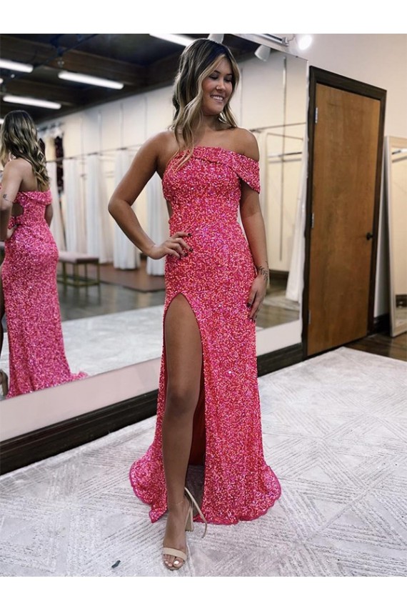 Fuchsia Sheath One Shoulder Sleeveless Long Sweep Train Velvet Sequin Prom Dress Canada
