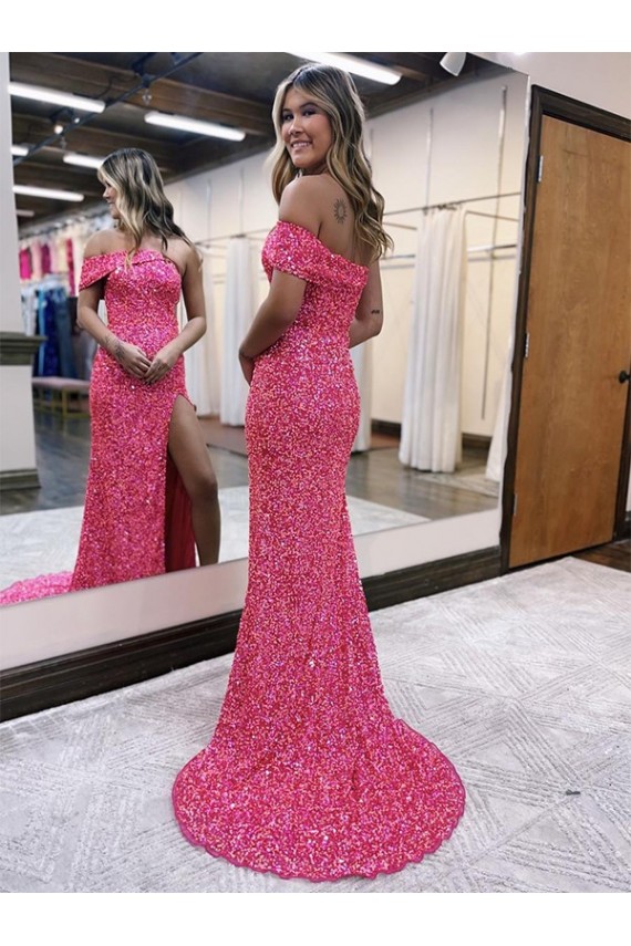 Fuchsia Sheath One Shoulder Sleeveless Long Sweep Train Velvet Sequin Prom Dress Canada