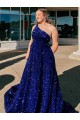 Royal Blue A-Line One Shoulder Sleeveless Long Sweep Train Velvet Sequin Prom Dress Canada