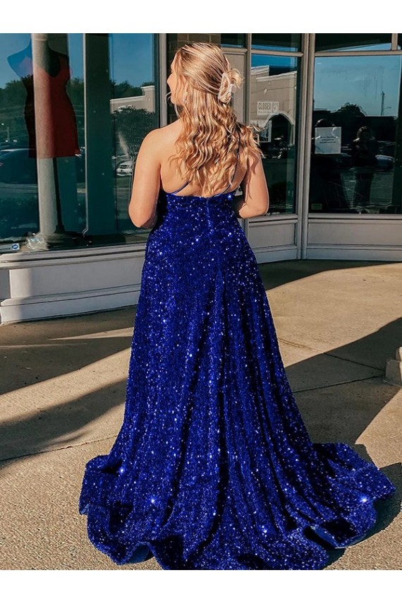 Royal Blue A-Line One Shoulder Sleeveless Long Sweep Train Velvet Sequin Prom Dress Canada
