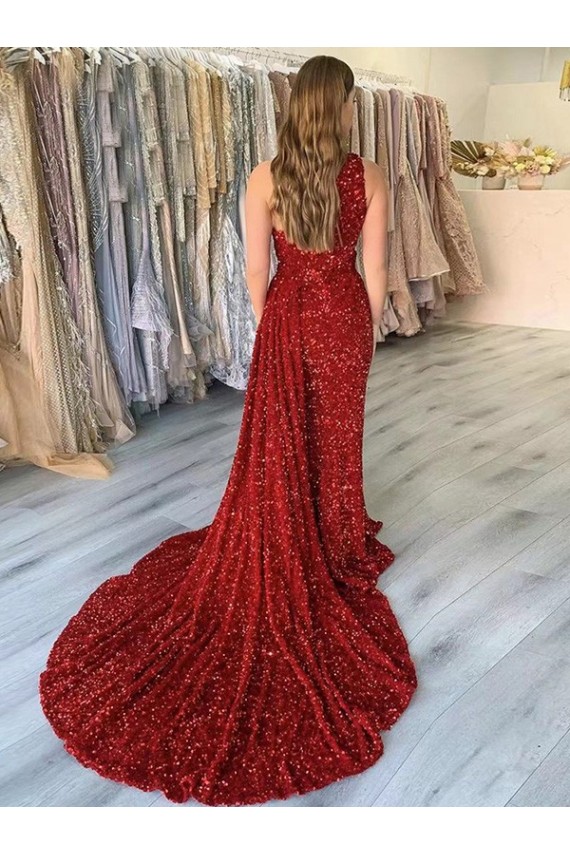 Burgundy Sheath One Shoulder Sleeveless Long Court Train Velvet Sequin Prom Dress Canada