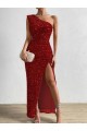 Red Sheath One Shoulder Sleeveless Long Floor Length Velvet Sequin Prom Dress Canada