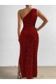 Red Sheath One Shoulder Sleeveless Long Floor Length Velvet Sequin Prom Dress Canada